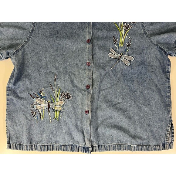 VTG BLAIR Denim Embroidered Floral Dragonfly Short Sleeve Button Up Shirt XL - Picture 4 of 8